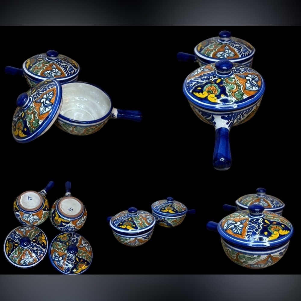 Vintage 1970s Mexican Talavera Mexico Lidded Handled Soup Bowls Talavera Bowls